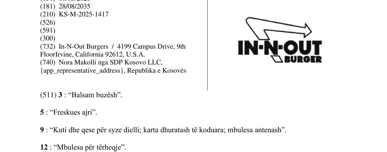 Zëri i markës IN IN OUT BURGER në buletin