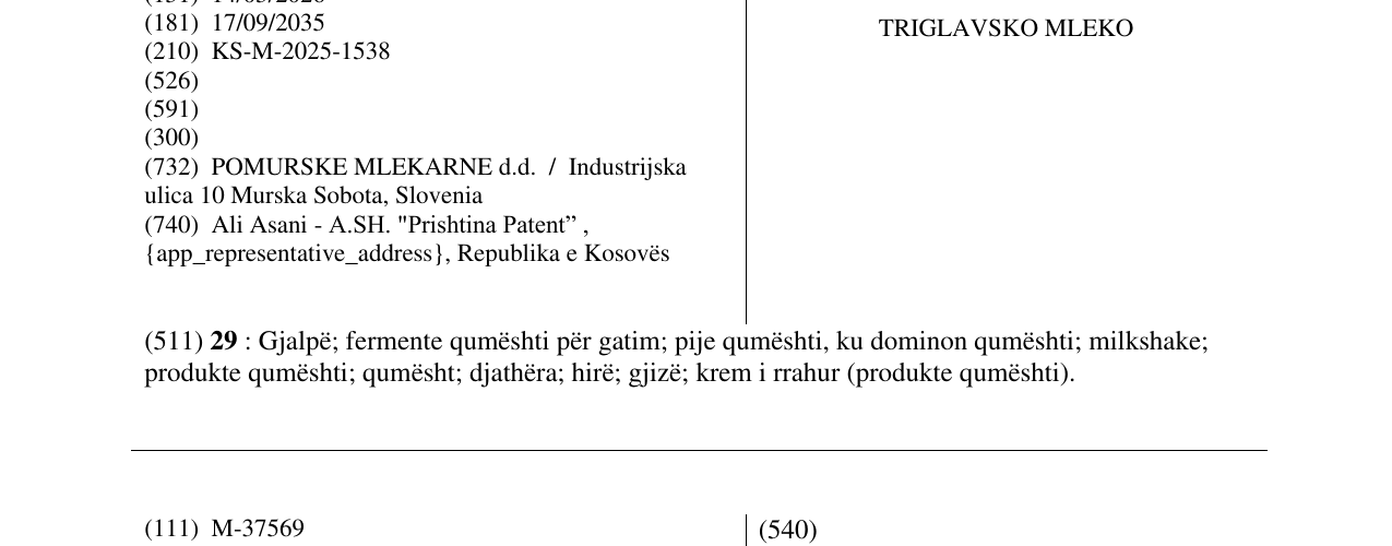 Zëri i markës TRIGLAVSKO MLEKO në buletin