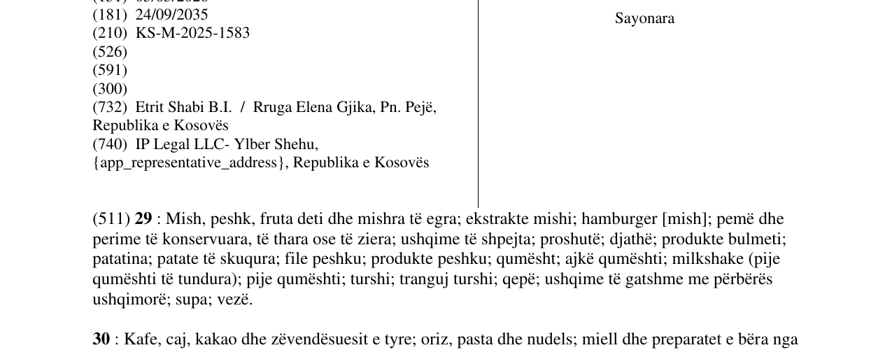Zëri i markës Sayonara në buletin