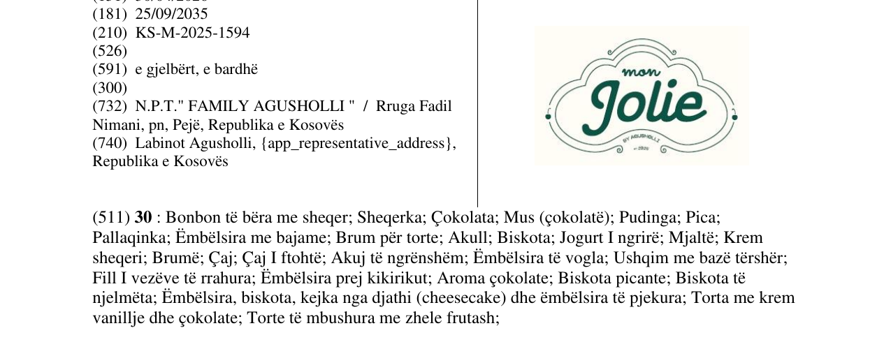 Der Eintrag der Marke Jolie im Bulletin