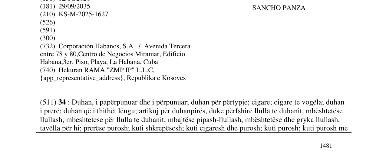 Zëri i markës SANCHO PANZA në buletin