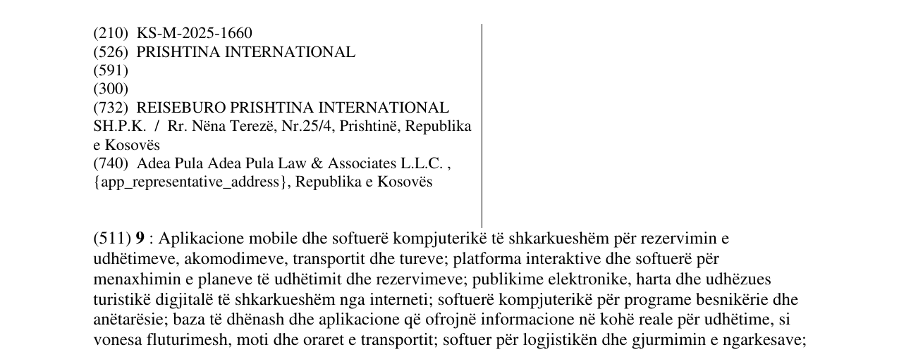 Zëri i markës REISEBURO PRISHTINA INTERNATIONAL në buletin