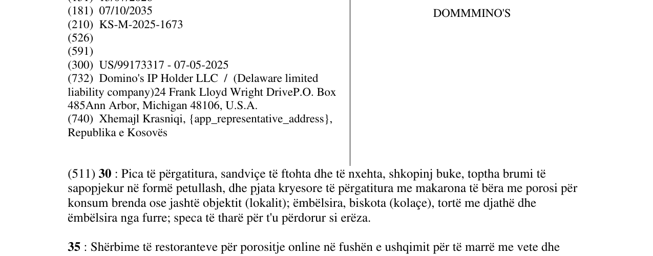 Zëri i markës DOMMMINO'S në buletin
