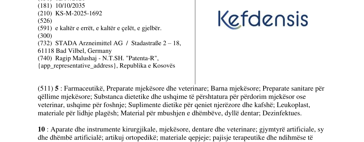 Zëri i markës Kefdensis në buletin