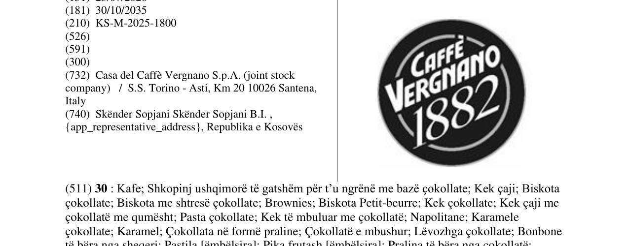 Zëri i markës CAFFE VERGNANO 1882 në buletin