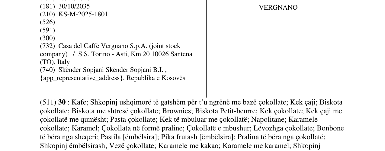 Zëri i markës VERGNANO në buletin