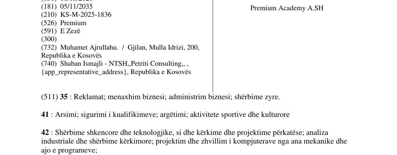 Zëri i markës Premium Academy A.SH në buletin