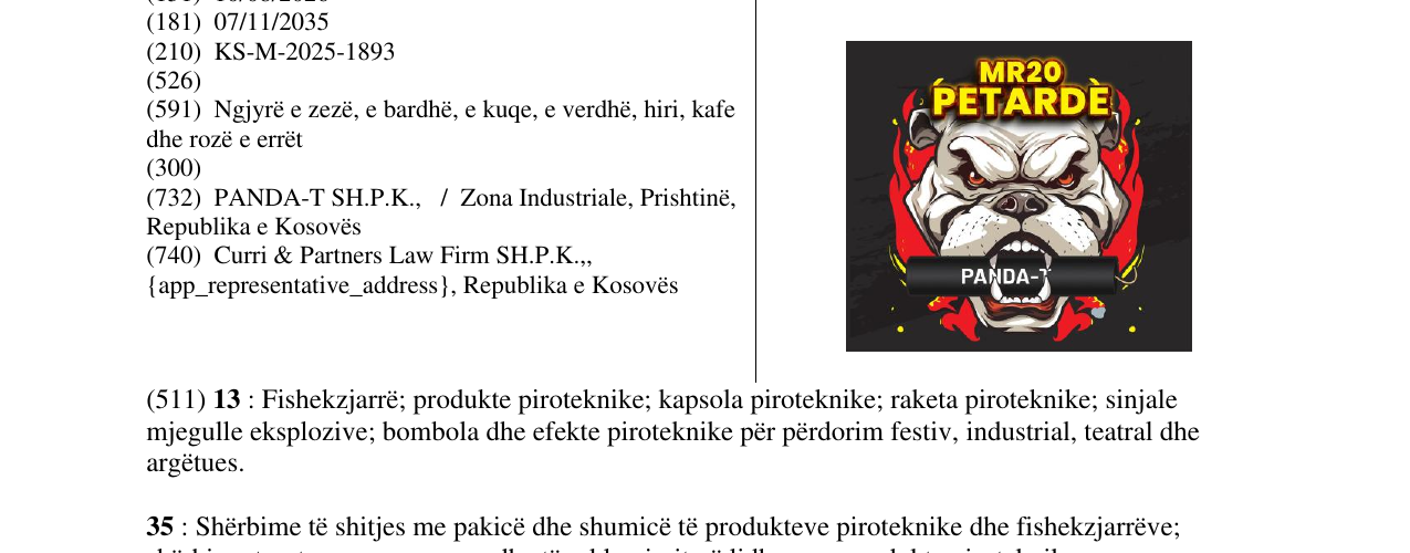 Zëri i markës MR20 PETARDE në buletin