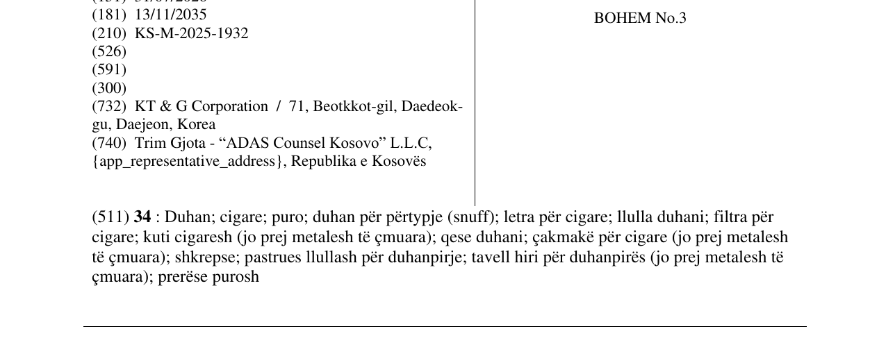 Zëri i markës BOHEM No.3 në buletin