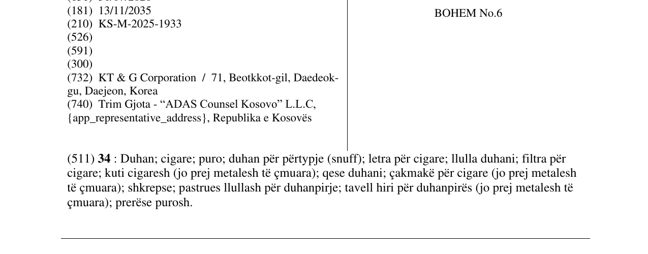 Zëri i markës BOHEM No.6 në buletin