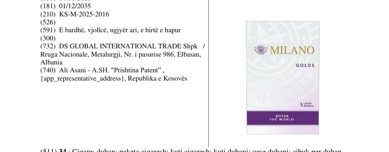Zëri i markës MILANO GOLDS në buletin