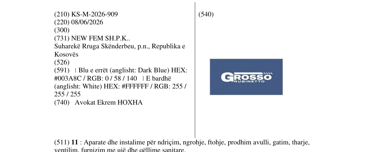 Zëri i markës KS/M/2026/909 në buletin
