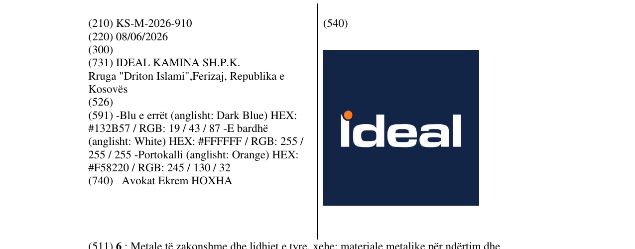 Zëri i markës KS/M/2026/910 në buletin