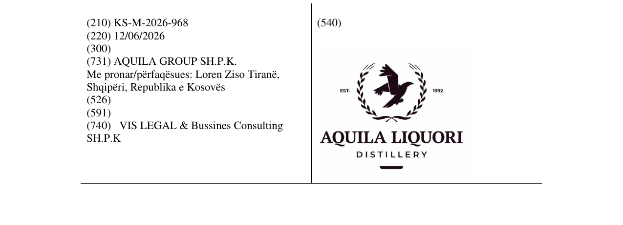 Zëri i markës AQUILA LIQUORI në buletin