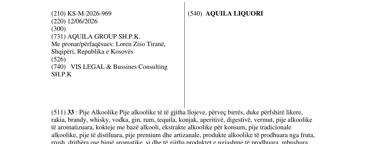 Zëri i markës AQUILA LIQUORI në buletin