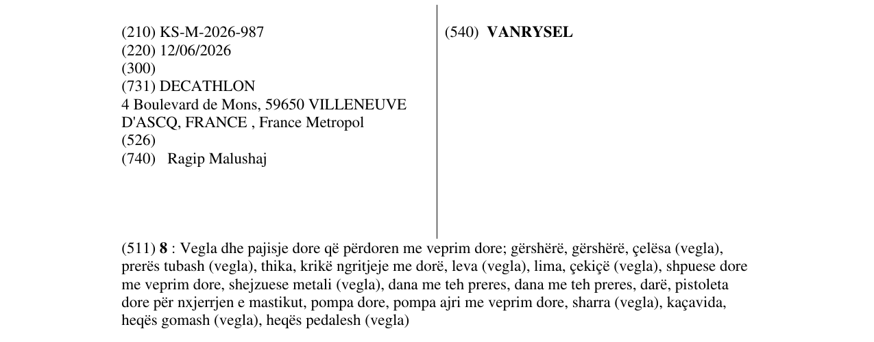 Zëri i markës VANRYSEL në buletin
