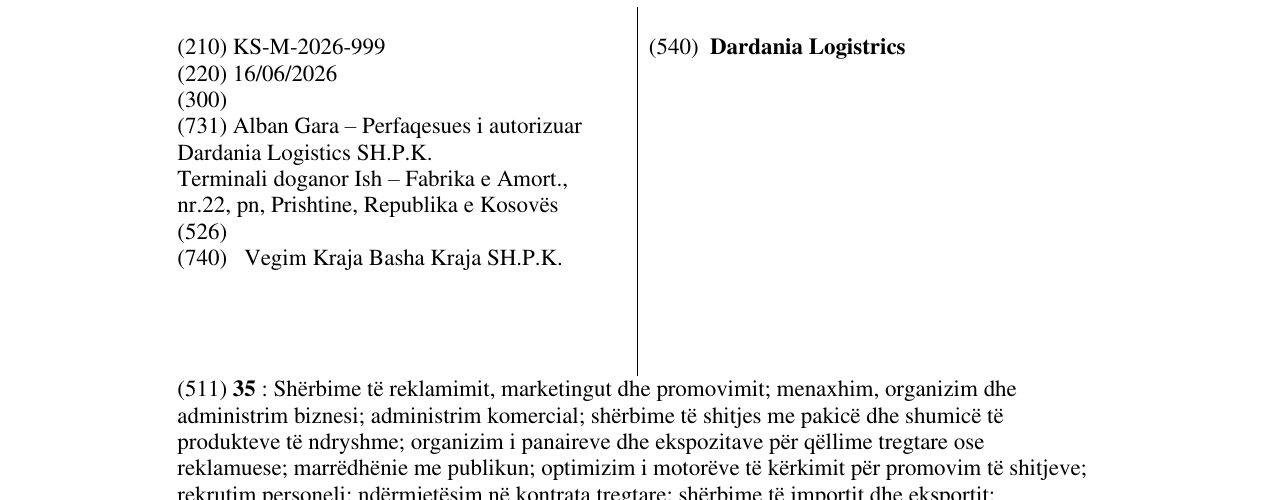 Zëri i markës Dardania Logistrics në buletin