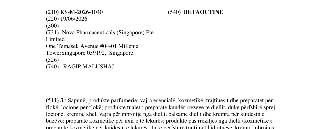 Zëri i markës BETAOCTINE në buletin