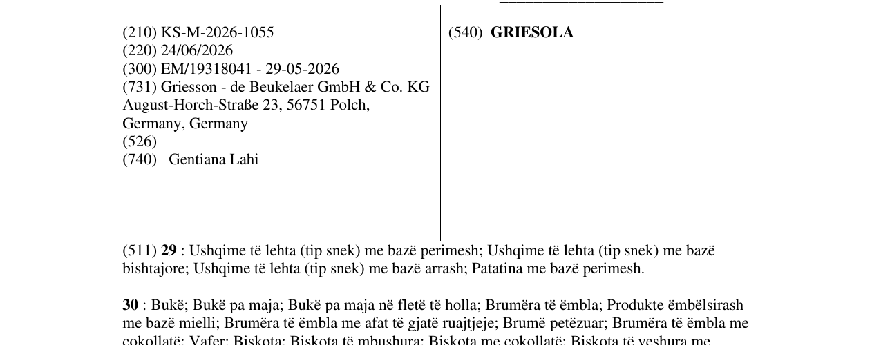 Zëri i markës GRIESOLA në buletin