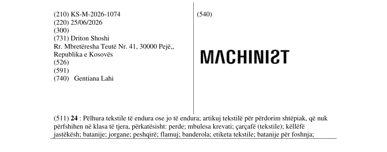 Zëri i markës KS/M/2026/1074 në buletin