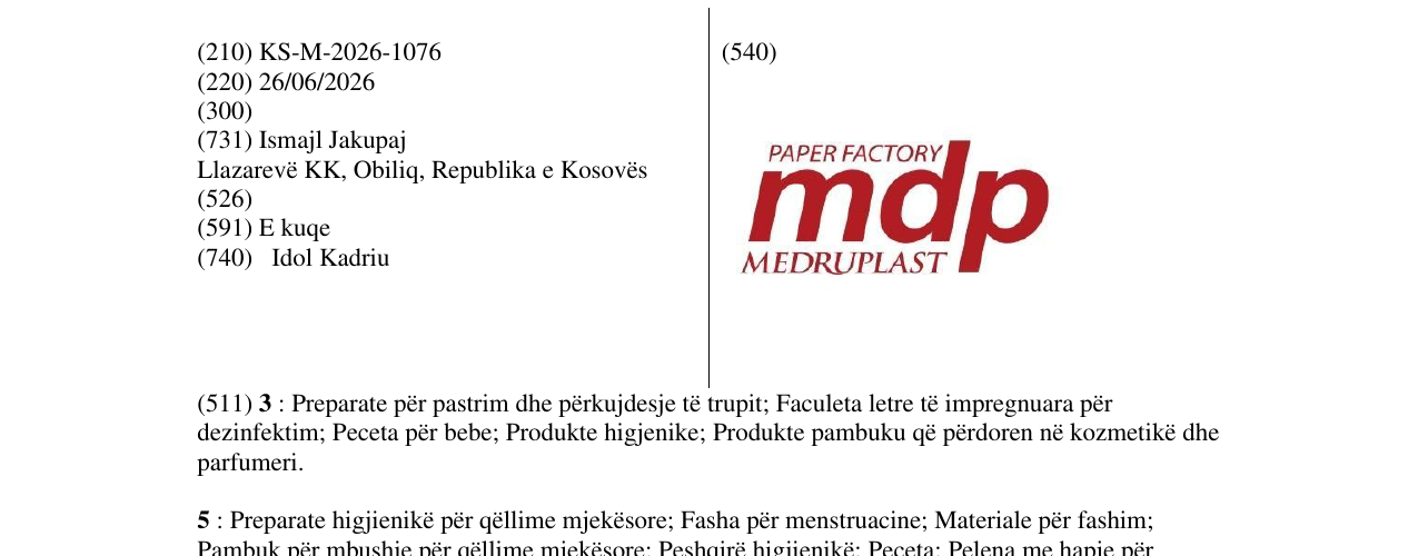 Zëri i markës KS/M/2026/1076 në buletin