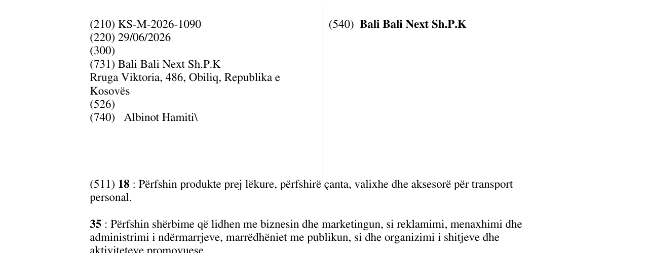 Zëri i markës Bali Bali Next Sh.P.K në buletin