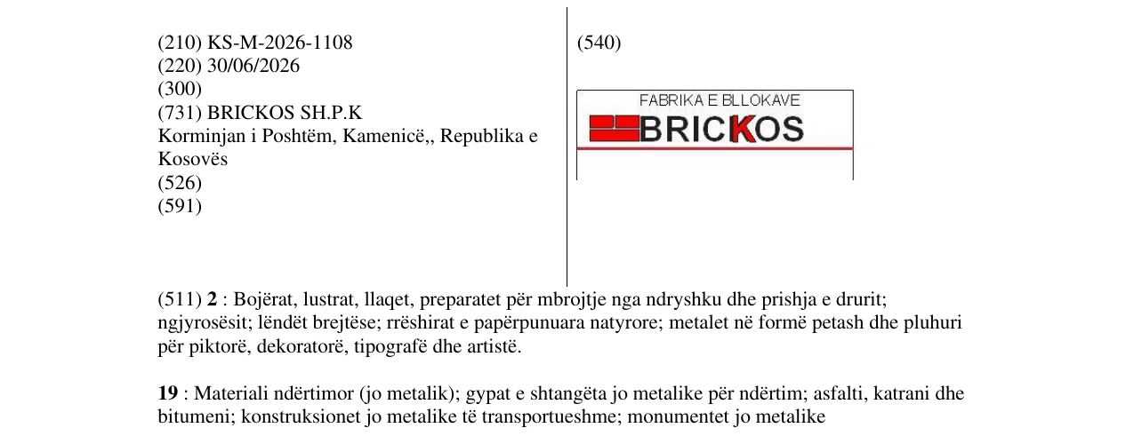 Zëri i markës KS/M/2026/1108 në buletin