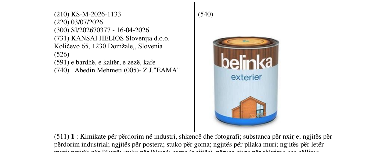 Zëri i markës KS/M/2026/1133 në buletin