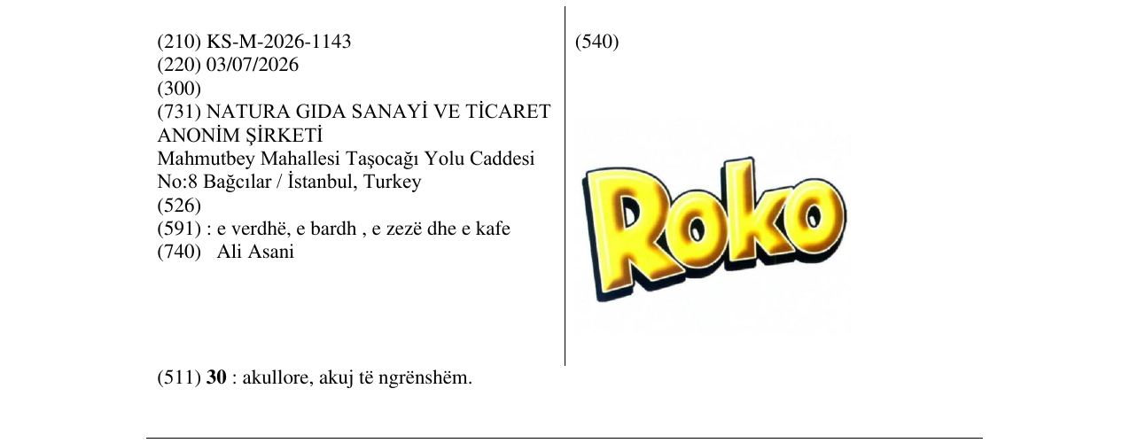 Zëri i markës KS/M/2026/1143 në buletin