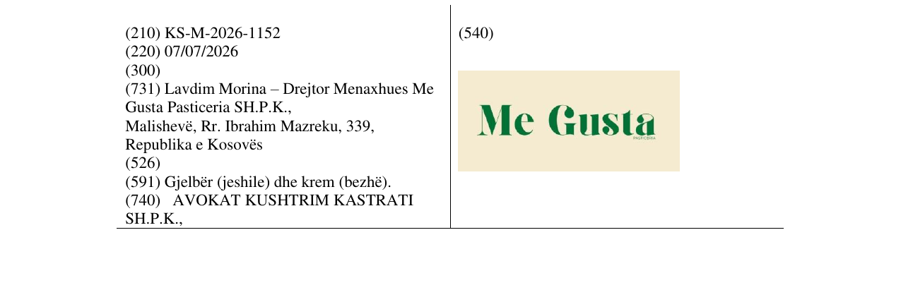 Zëri i markës KS/M/2026/1152 në buletin