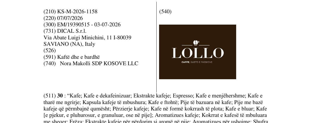 Zëri i markës KS/M/2026/1158 në buletin