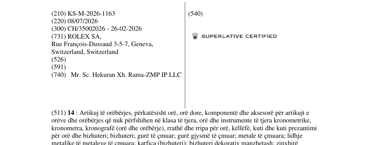 Zëri i markës KS/M/2026/1163 në buletin