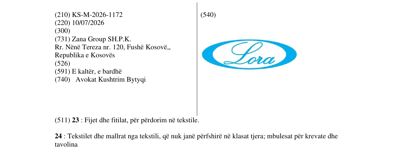 Zëri i markës KS/M/2026/1172 në buletin