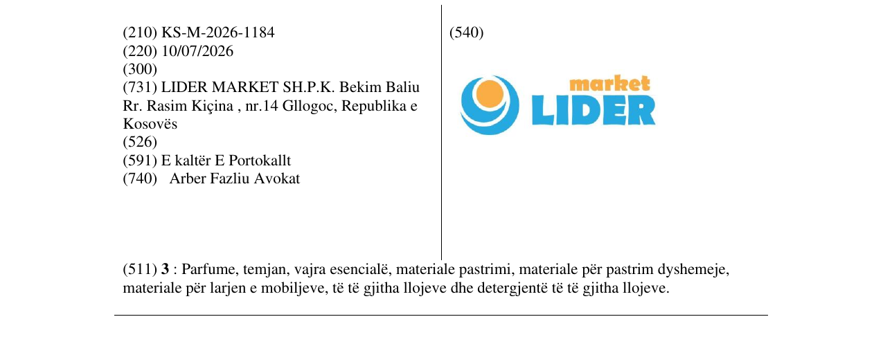 Zëri i markës KS/M/2026/1184 në buletin