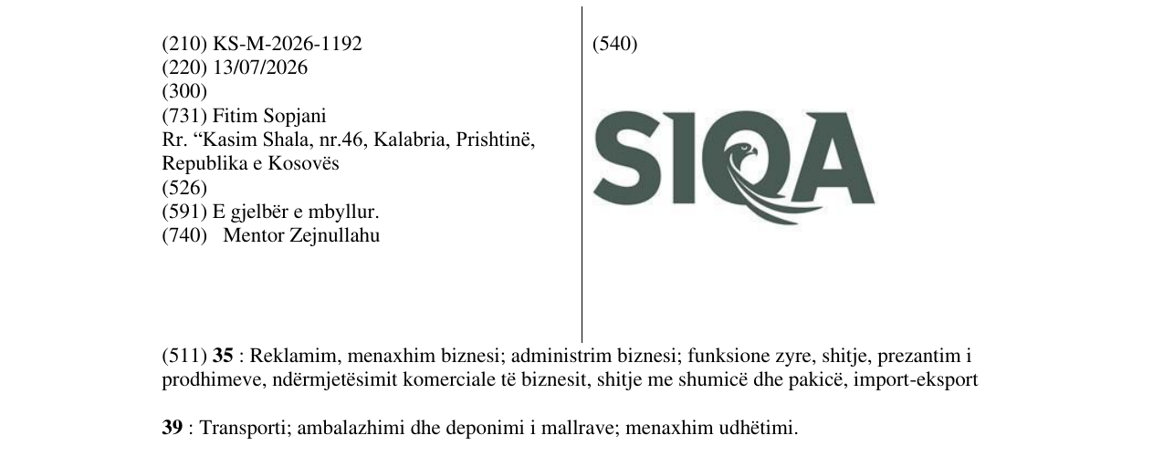 Zëri i markës KS/M/2026/1192 në buletin