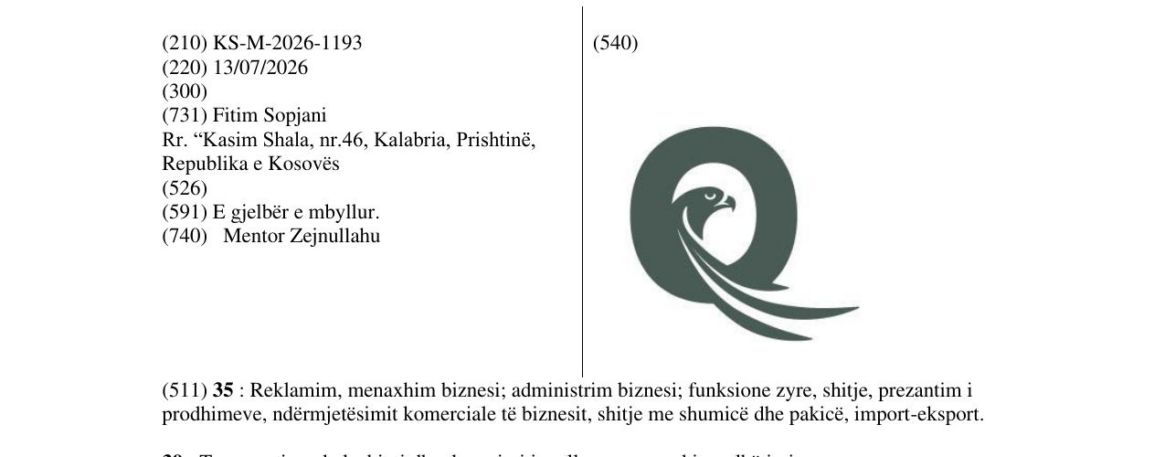 Zëri i markës KS/M/2026/1193 në buletin