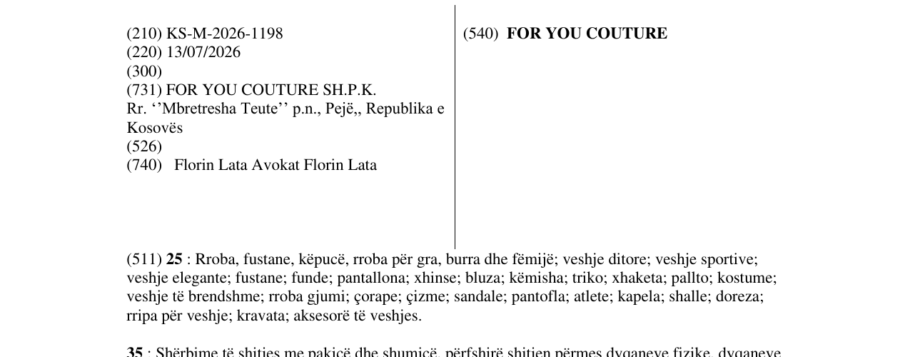 Zëri i markës FOR YOU COUTURE në buletin
