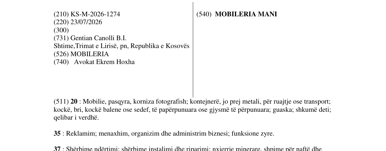 Zëri i markës MOBILERIA MANI në buletin