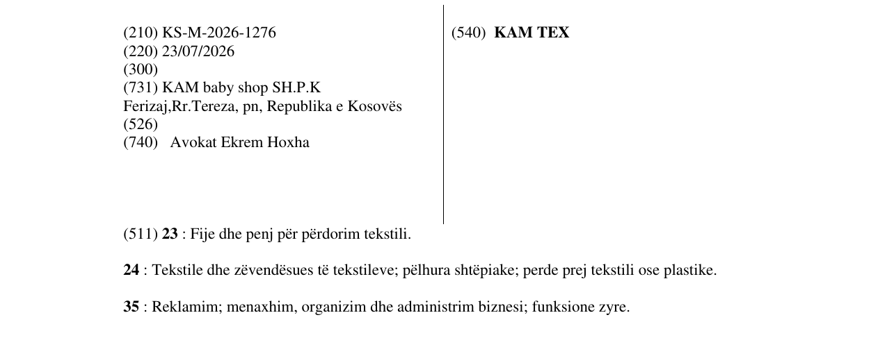 Zëri i markës KAM TEX në buletin
