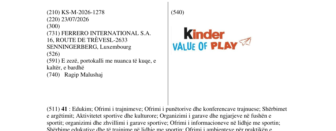 Zëri i markës KS/M/2026/1278 në buletin