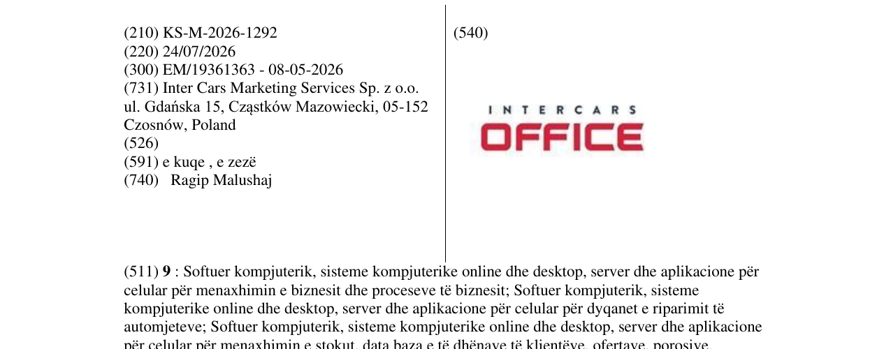Zëri i markës KS/M/2026/1292 në buletin