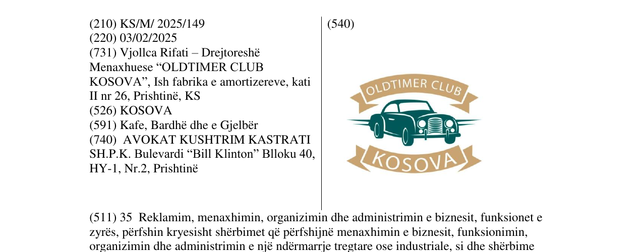 Zëri i markës OLDTIMER CLUB KOSOVA në buletin