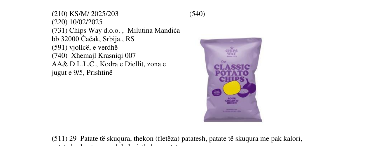 Zëri i markës CLASSIC POTATO CHIPS SOUR CREAM&ONION në buletin