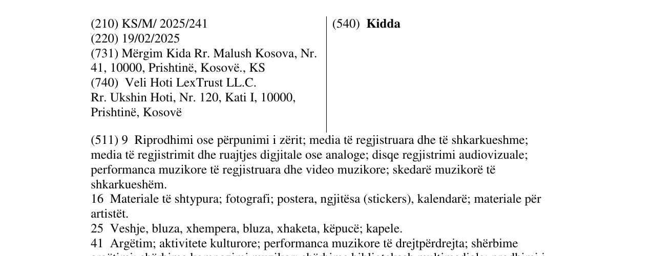Zëri i markës Kidda në buletin