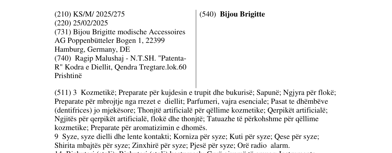 Zëri i markës Bijou Brigitte në buletin
