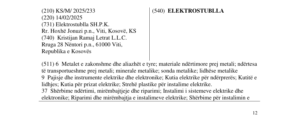 Zëri i markës ELEKTROSTUBLLA në buletin