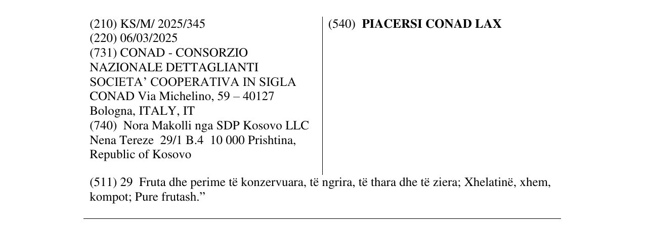 Zëri i markës PIACERSI CONAD LAX në buletin
