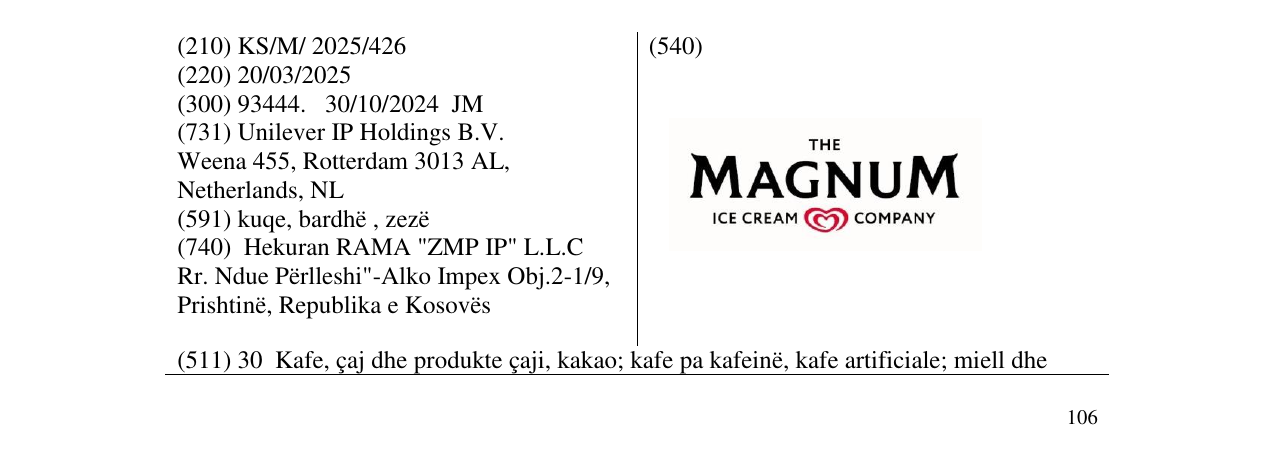 Zëri i markës THE MAGNUM ICE CREAM COMPANY në buletin