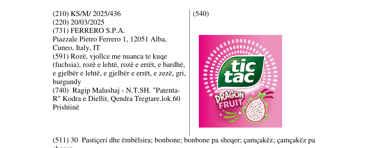 Zëri i markës TIC TAC DRAGON FRUIT në buletin