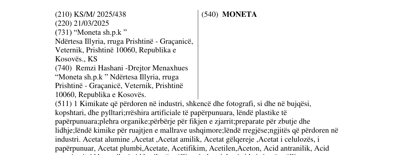 Zëri i markës MONETA në buletin